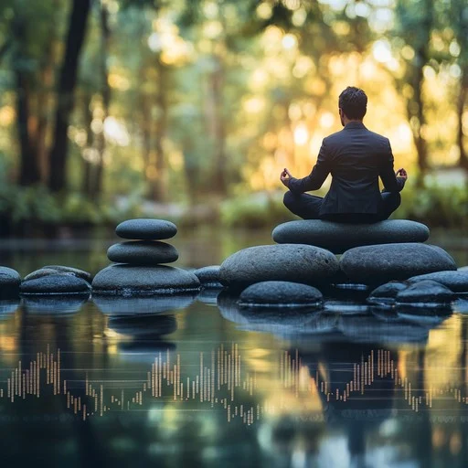 Person meditating peacefully by a serene lake at sunrise