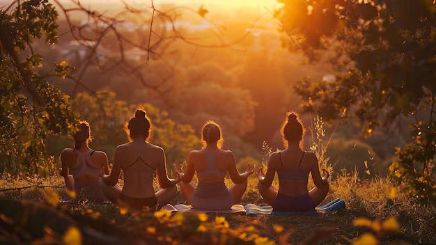 Diverse group of people practicing yoga together in peaceful natural setting